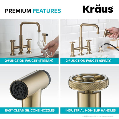 KRAUS Urbix Industrial Bridge Kitchen Faucet & Water Filter Faucet in Brushed Gold - KPF-3125-FF-101BG