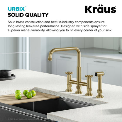 KRAUS Urbix Industrial Bridge Kitchen Faucet & Water Filter Faucet in Brushed Gold - KPF-3125-FF-101BG