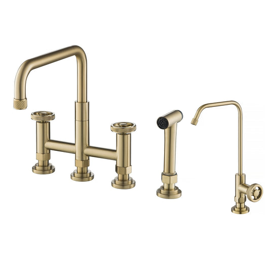 KRAUS Urbix Industrial Bridge Kitchen Faucet & Water Filter Faucet in Brushed Gold - KPF-3125-FF-101BG