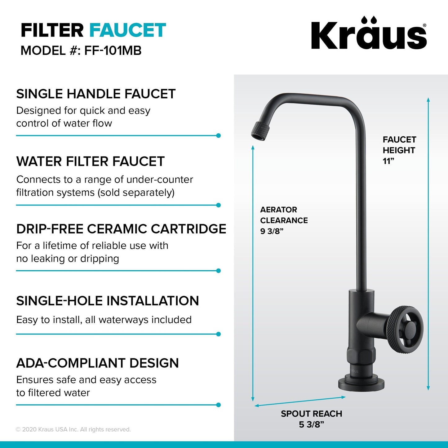 KRAUS Urbix Industrial Bridge Kitchen Faucet & Water Filter Faucet in Matte Black - KPF-3125-FF-101MB