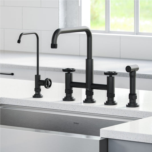 KRAUS Urbix Industrial Bridge Kitchen Faucet & Water Filter Faucet in Matte Black - KPF-3125-FF-101MB