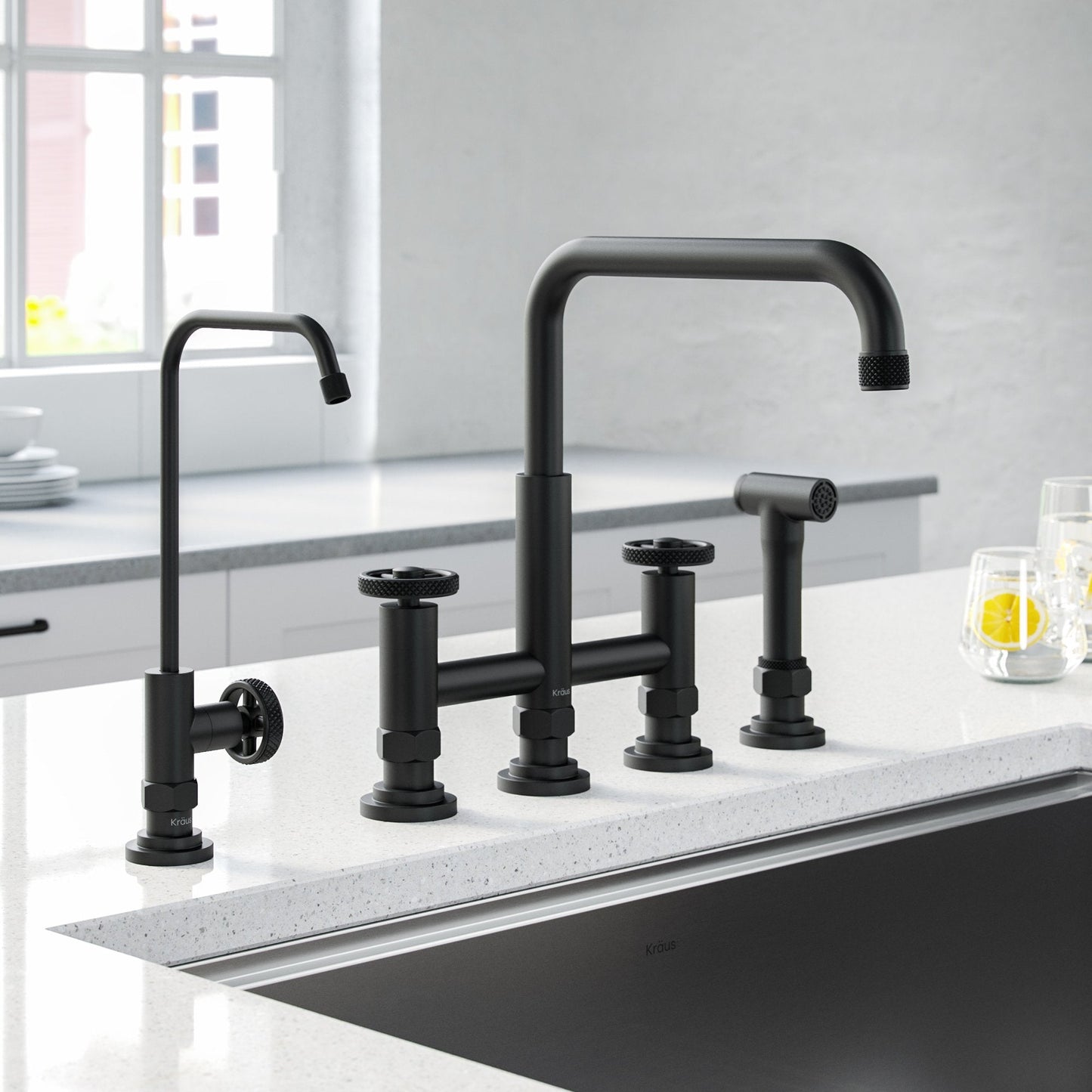 KRAUS Urbix Industrial Bridge Kitchen Faucet & Water Filter Faucet in Matte Black - KPF-3125-FF-101MB
