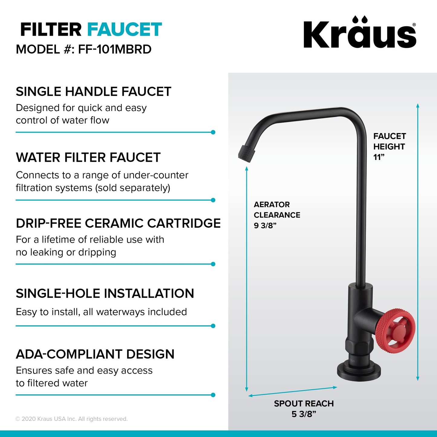 KRAUS Urbix Industrial Bridge Kitchen Faucet & Water Filter Faucet in Matte Black/Red - KPF-3125-FF-101MBRD