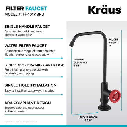 KRAUS Urbix Industrial Bridge Kitchen Faucet & Water Filter Faucet in Matte Black/Red - KPF-3125-FF-101MBRD