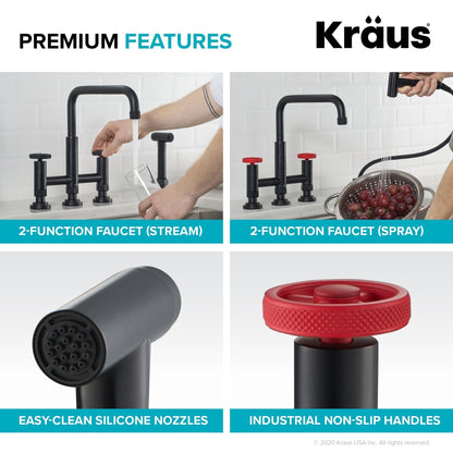 KRAUS Urbix Industrial Bridge Kitchen Faucet & Water Filter Faucet in Matte Black/Red - KPF-3125-FF-101MBRD