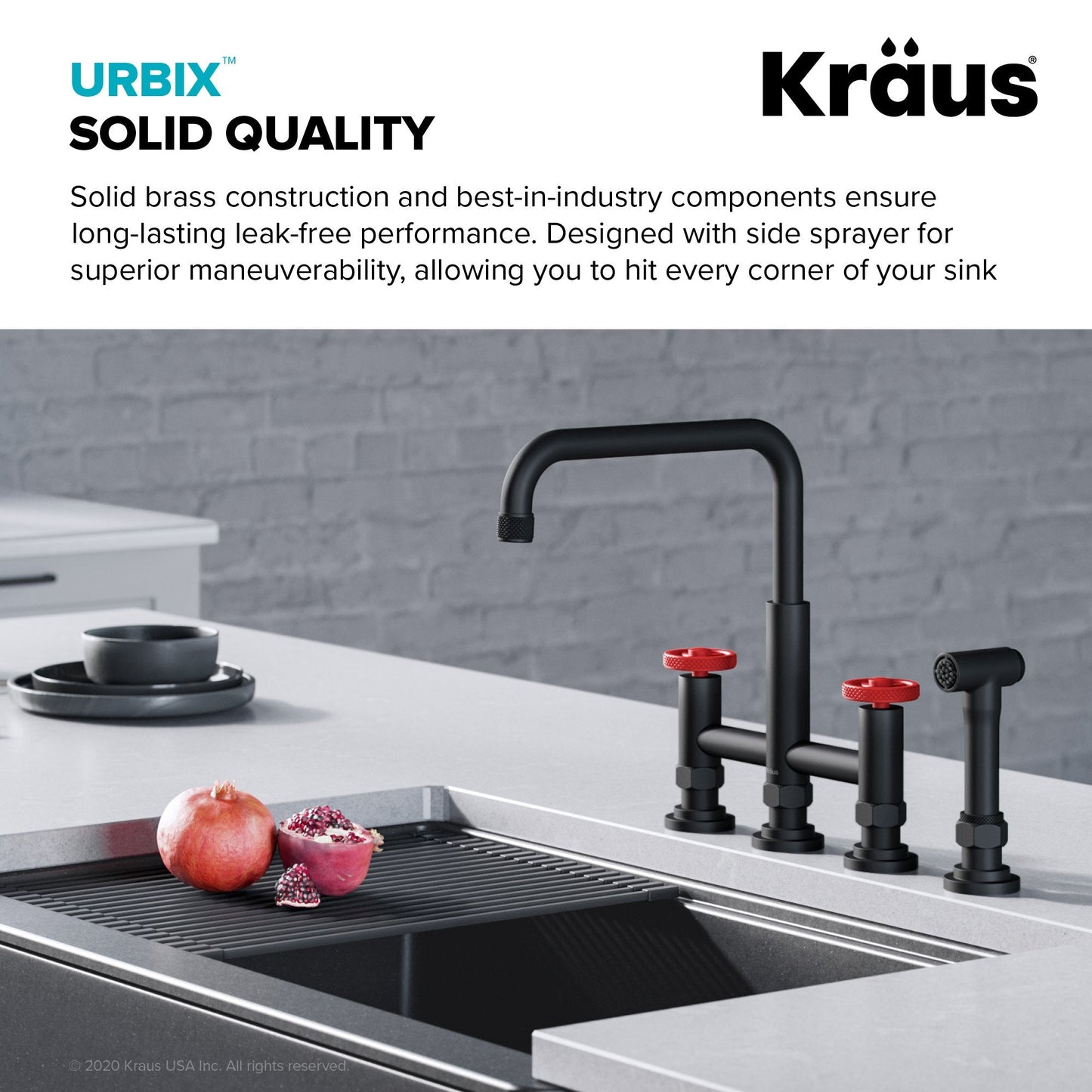 KRAUS Urbix Industrial Bridge Kitchen Faucet & Water Filter Faucet in Matte Black/Red - KPF-3125-FF-101MBRD