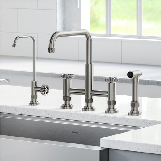 KRAUS Urbix Industrial Bridge Kitchen Faucet & Water Filter Faucet in Spot Free Stainless Steel - KPF-3125-FF-101SFS - 499.95