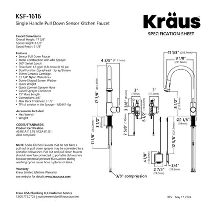 KRAUS Sensor Touchless Single Handle Pull Down Kitchen Faucet in Spot-Free Brushed Brass - KSF-1616BB