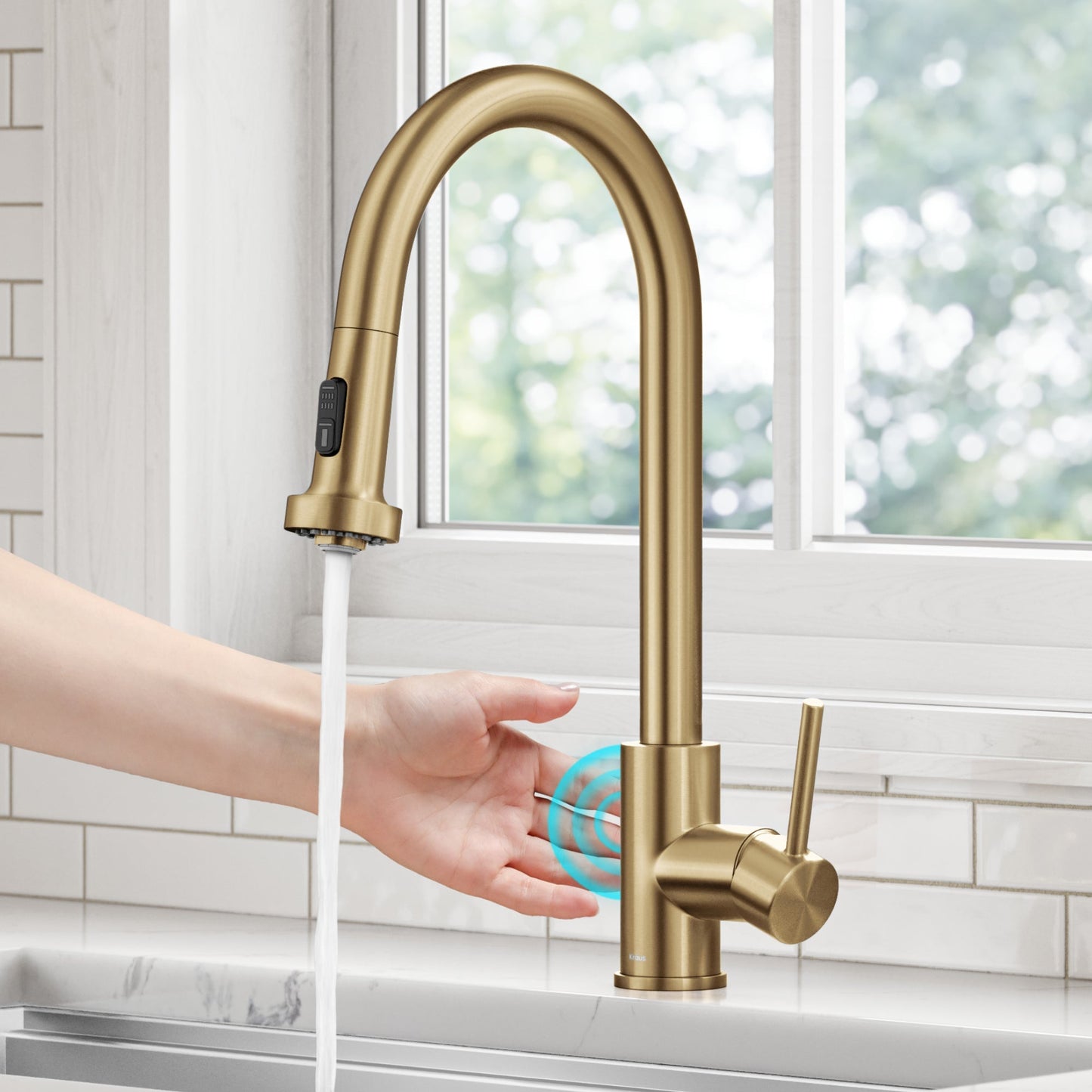 KRAUS Sensor Touchless Single Handle Pull Down Kitchen Faucet in Spot-Free Brushed Brass - KSF-1616BB