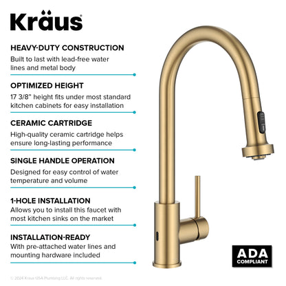 KRAUS Sensor Touchless Single Handle Pull Down Kitchen Faucet in Spot-Free Brushed Brass - KSF-1616BB