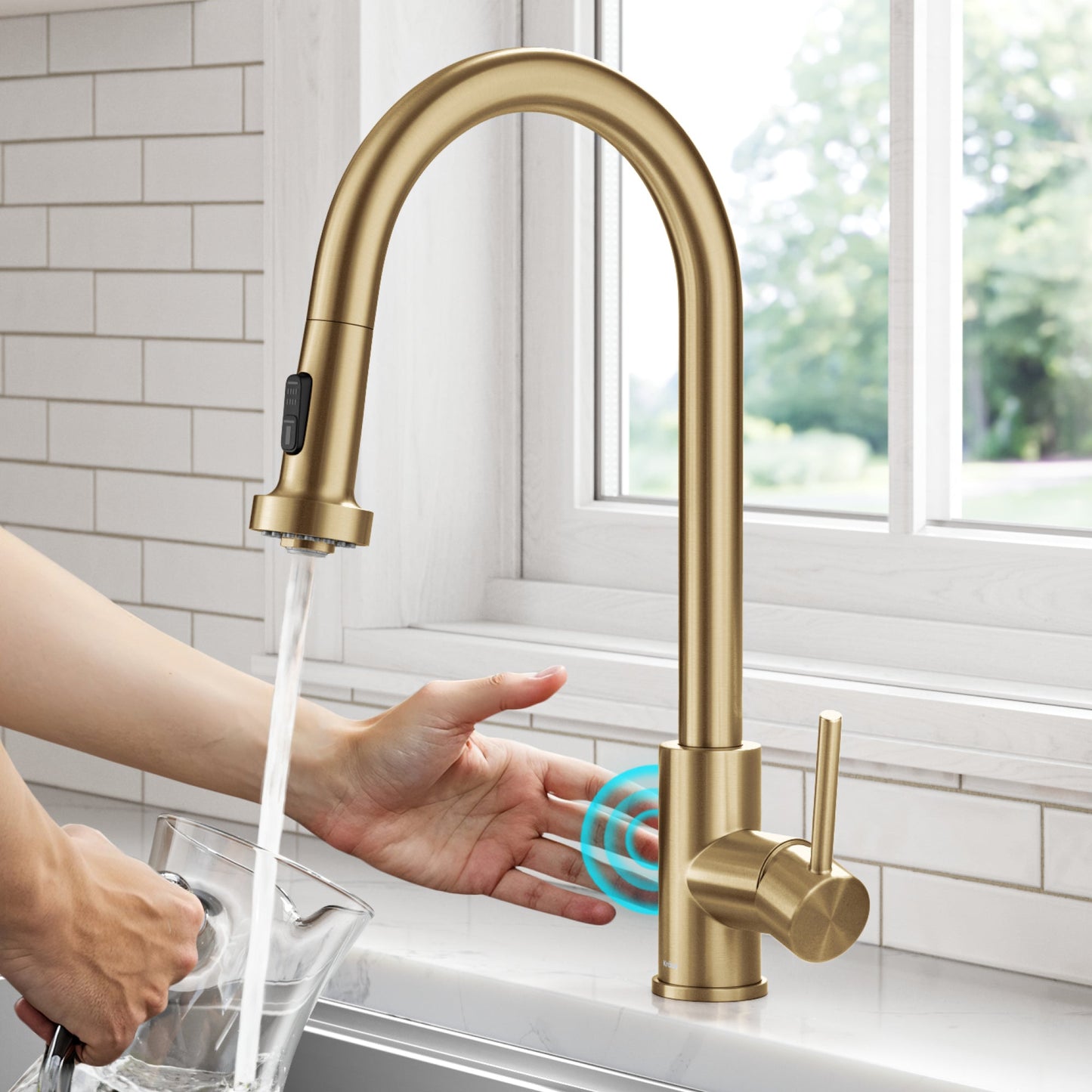 KRAUS Sensor Touchless Single Handle Pull Down Kitchen Faucet in Spot-Free Brushed Brass - KSF-1616BB