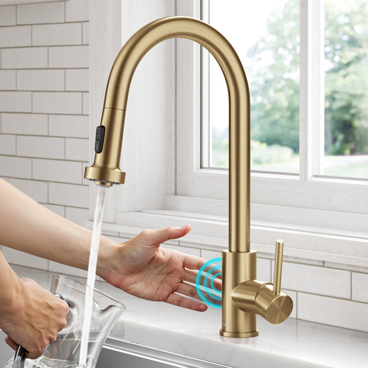 KRAUS Sensor Touchless Single Handle Pull Down Kitchen Faucet in Spot-Free Brushed Brass - KSF-1616BB