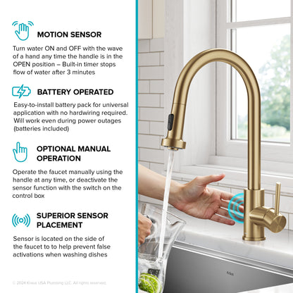 KRAUS Sensor Touchless Single Handle Pull Down Kitchen Faucet in Spot-Free Brushed Brass - KSF-1616BB