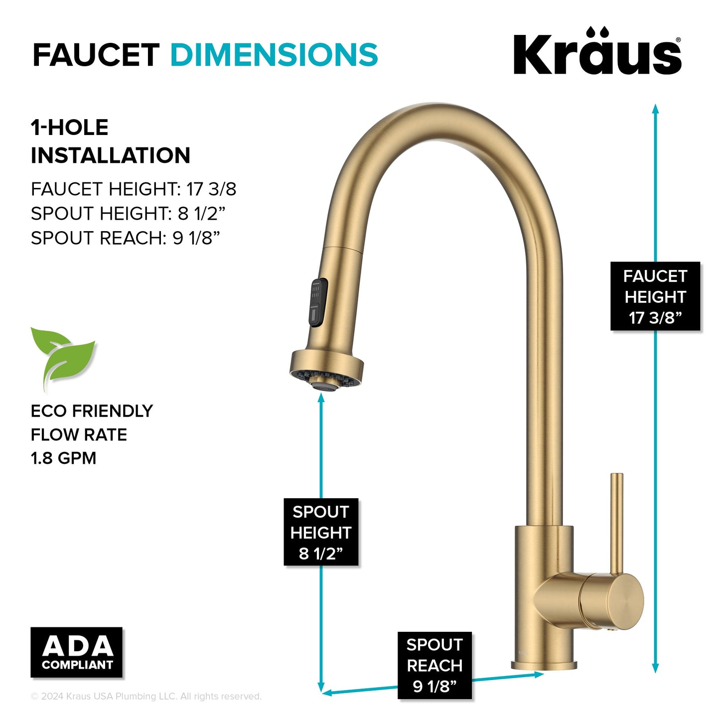 KRAUS Sensor Touchless Single Handle Pull Down Kitchen Faucet in Spot-Free Brushed Brass - KSF-1616BB