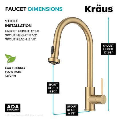 KRAUS Sensor Touchless Single Handle Pull Down Kitchen Faucet in Spot-Free Brushed Brass - KSF-1616BB