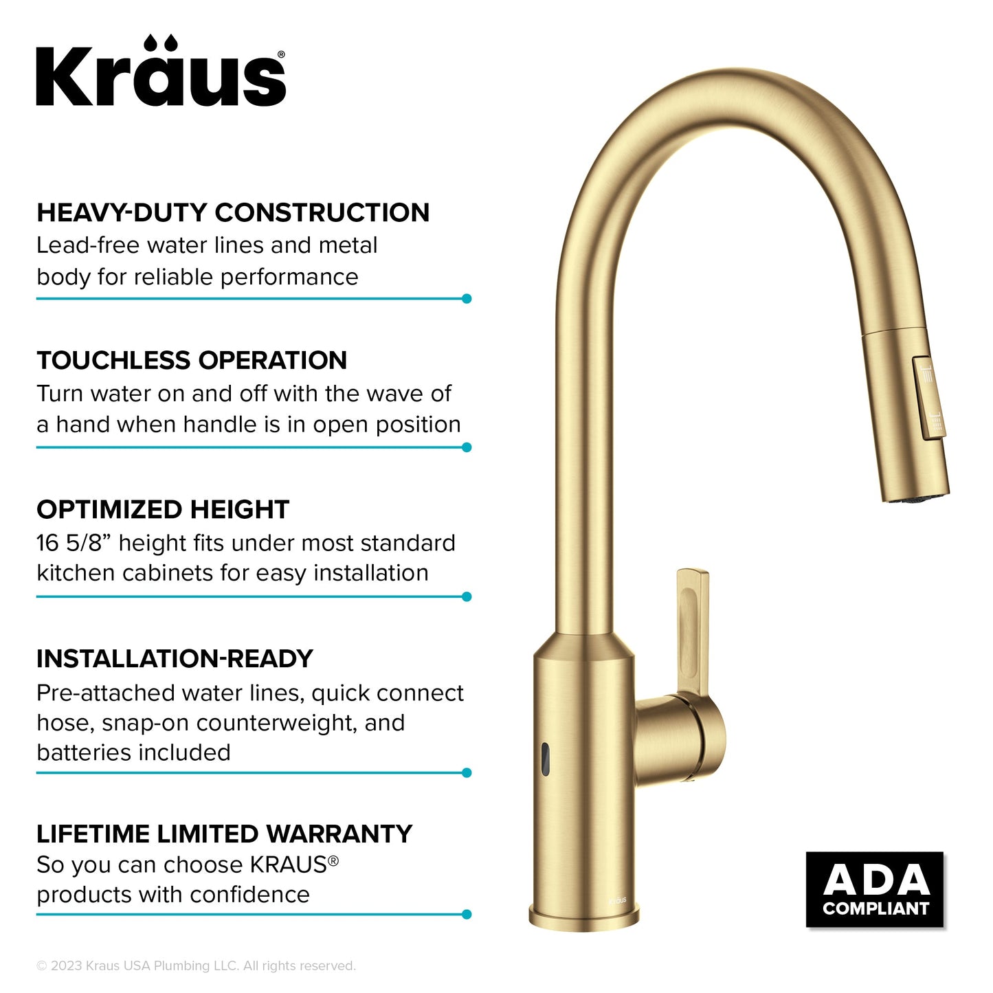 KRAUS Oletto Touchless Pull-Down Kitchen Faucet in Brushed Brass - KSF-2830BB