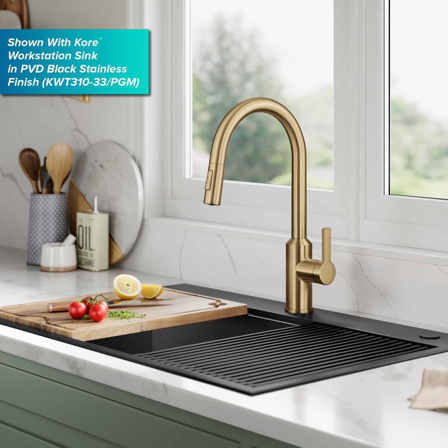 KRAUS Oletto Touchless Pull-Down Kitchen Faucet in Brushed Brass - KSF-2830BB