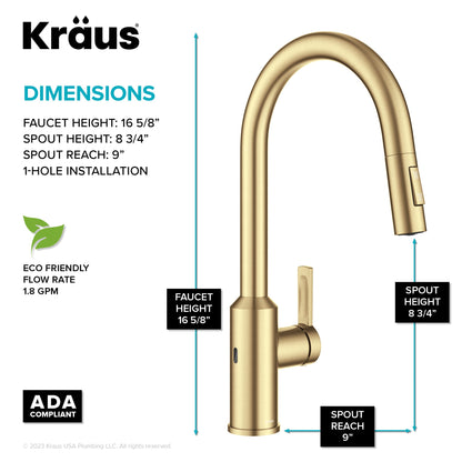 KRAUS Oletto Touchless Pull-Down Kitchen Faucet in Brushed Brass - KSF-2830BB