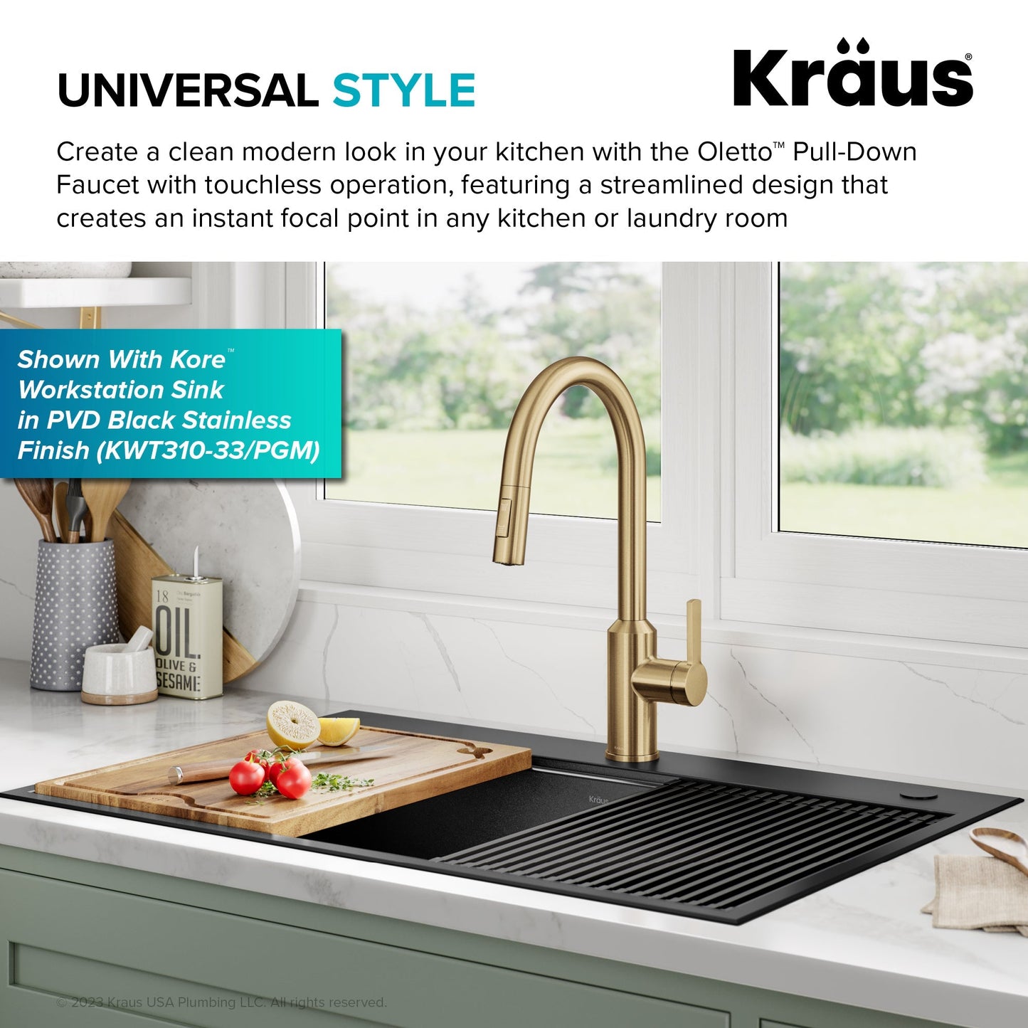 KRAUS Oletto Touchless Pull-Down Kitchen Faucet in Brushed Brass - KSF-2830BB