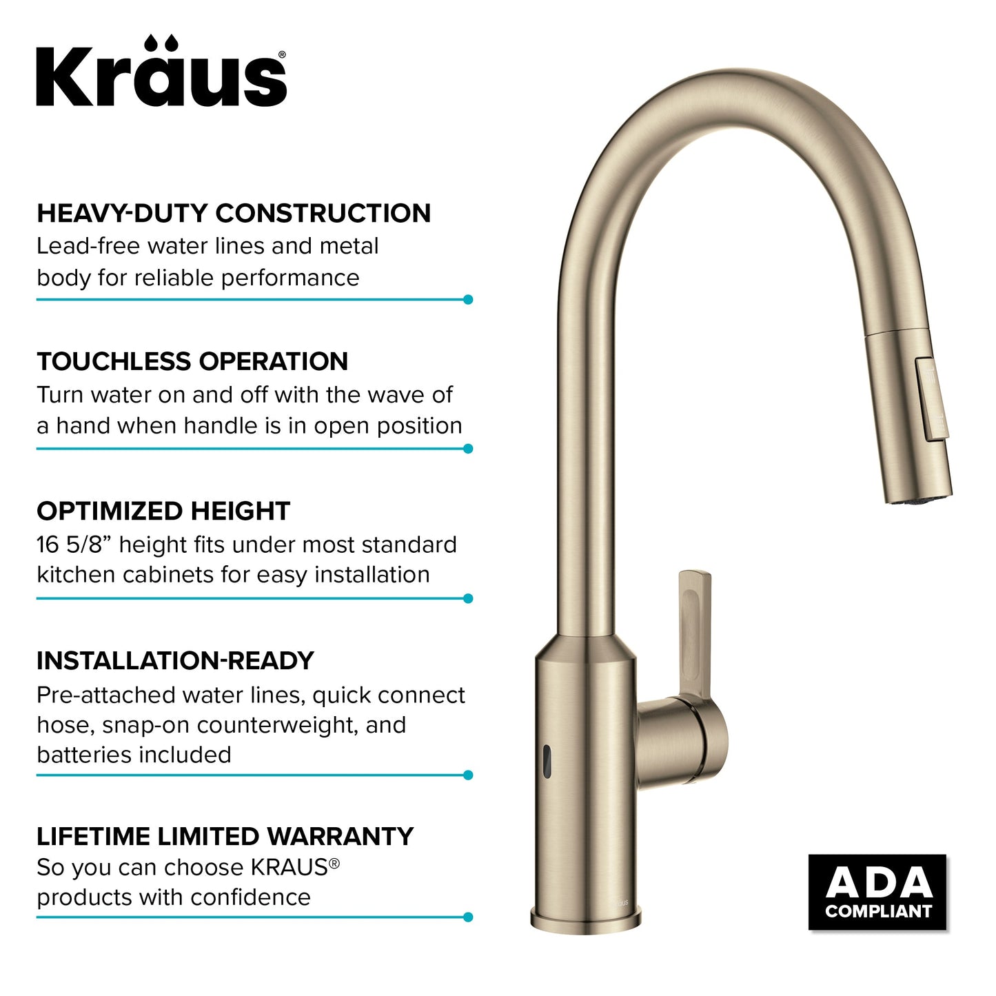 KRAUS Oletto Touchless Pull-Down Kitchen Faucet in Spot-Free Antique Champagne Bronze - KSF-2830SFACB