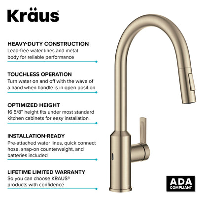 KRAUS Oletto Touchless Pull-Down Kitchen Faucet in Spot-Free Antique Champagne Bronze - KSF-2830SFACB