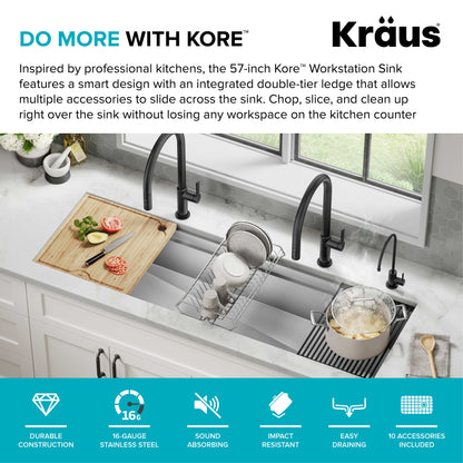 KRAUS Kore Dual Tier 57" Undermount Workstation 16 Gauge Single Bowl Kitchen Sink - KWU210-57