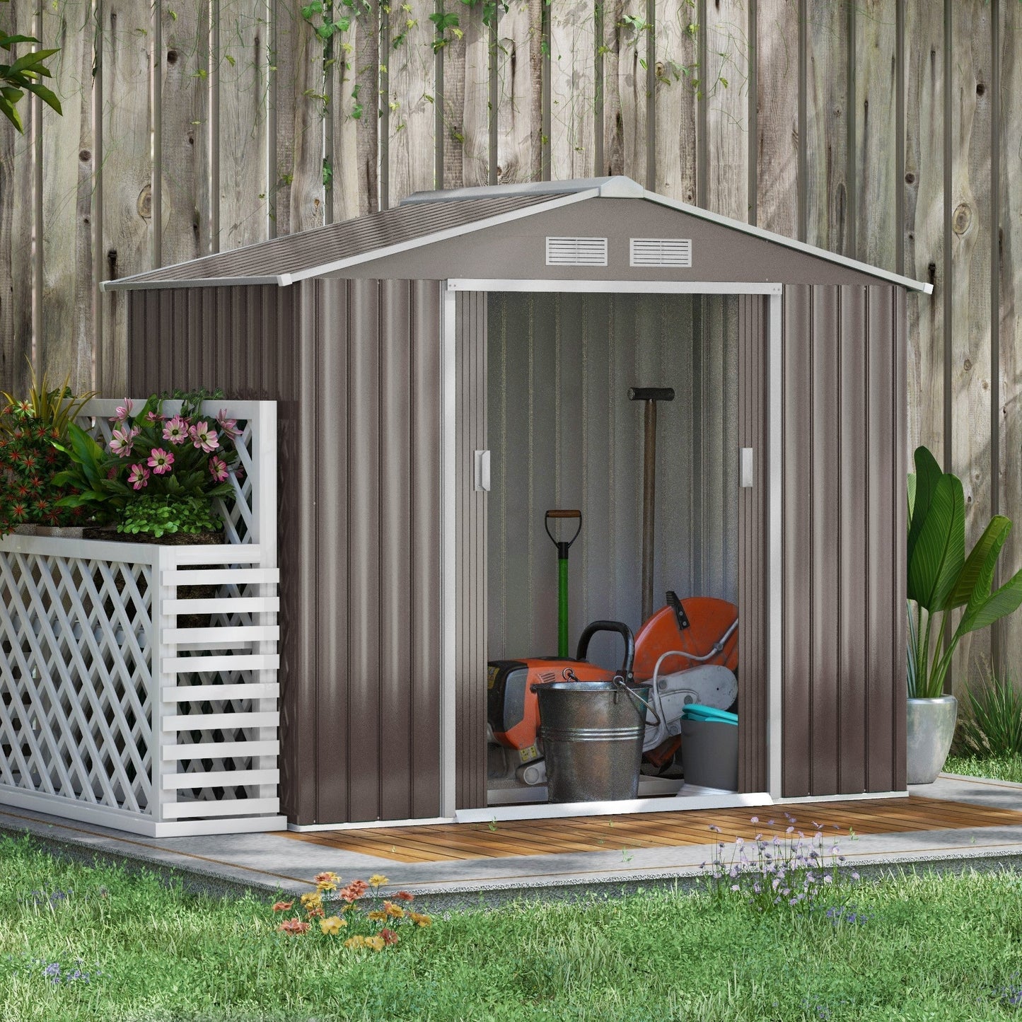 Outsunny EverBase 7' x 4' Outdoor Storage Shed with Foundation Kit, Double Lockable Door & Air Vents, Gray - ockable Door & Air Vents, Gray