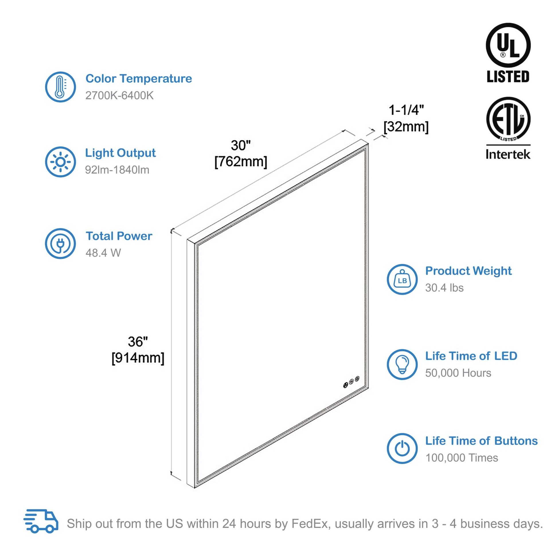 Blossom Stellar 30 Inch LED Mirror - LED M4 3036 MB - Backyard Provider