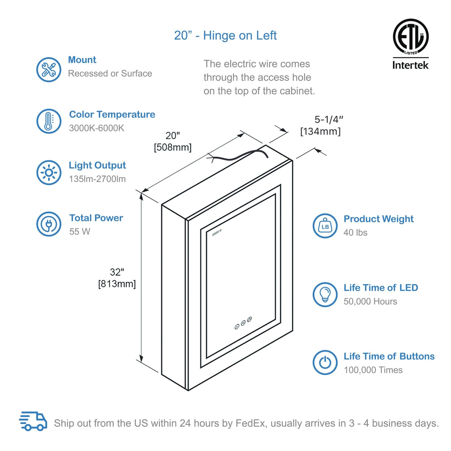 Blossom Asta – 20 Inches LED Medicine Cabinet - MCL2 2032L - Backyard Provider