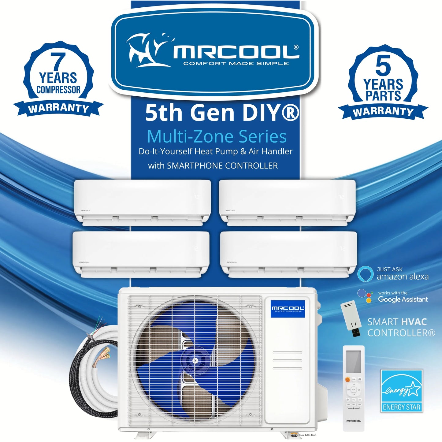 MRCOOL DIY 5th Gen Mini Split - 4-Zone 36,000 BTU Ductless Air Conditioner and Heat Pump Condenser with 18K + 12K + 9K + 9K Wall Mount Air Handlers - DIY5-4Z-36HP-18K12K9K9K