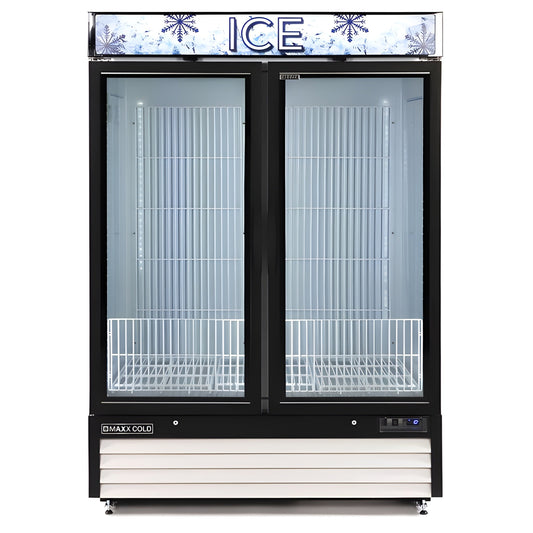 Maxx Cold Double Glass Door Ice Merchandiser Freezer, 48 cu. ft. Storage Capacity, in White - MXM2-48FHC-ICE
