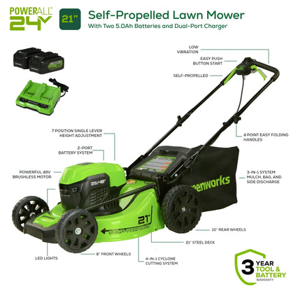 Greenworks 48V (2x24V) 21" Cordless Battery Self-Propelled Lawn Mower w/ Two (2) 5.0Ah USB Batteries & Dual Port Charger - 2532502