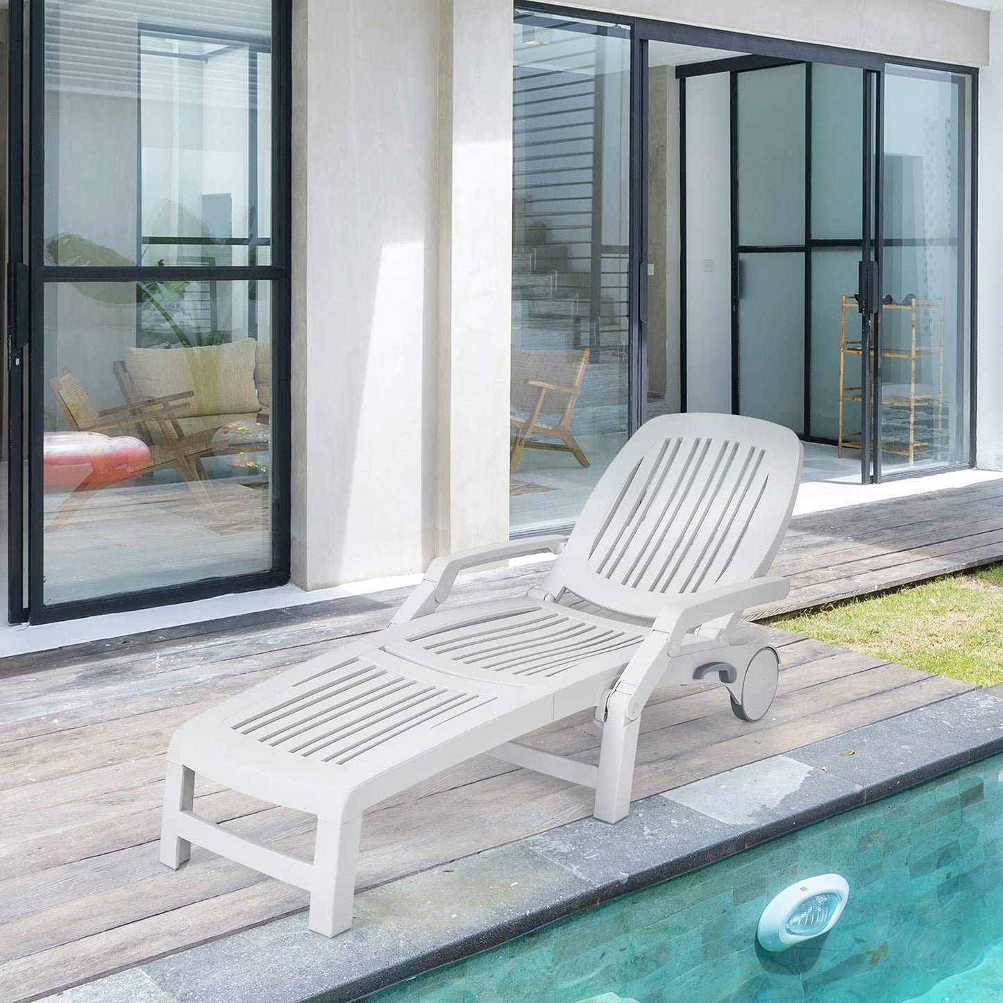 Tangkula Outdoor Chaise Lounge Chair, 5-Position Adjustable Recliner with Storage Box and Flexible Wheels - OP70717BK
