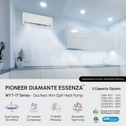 Pioneer Diamante Essenza™ 11,500 BTU 17 SEER2 115V High-Wall Ductless Mini-Split Air Conditioner Inverter Heat Pump with 16 Ft. Kit - WYT012ALUI17RL