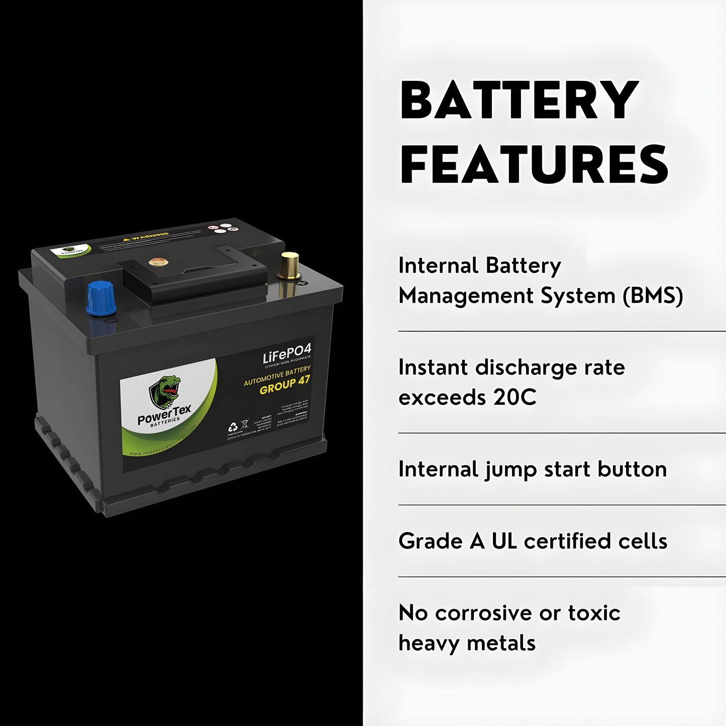 PowerTex2022 Subaru Legacy H4 2.5LReplacement Car Battery BCI Group 47 Lithium LiFePO4 Automotive Powertex Battery - PTLG47-047