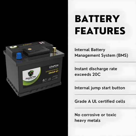 PowerTex 2023 Toyota Venza L4 2.5LReplacement Car Battery BCI Group 47 Lithium LiFePO4 Automotive Powertex Battery - PTLG47-070