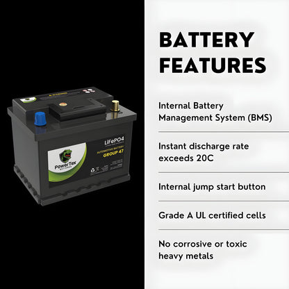 PowerTex2024 Toyota Camry L4 2.5LReplacement Car Battery BCI Group 47 Lithium LiFePO4 Automotive Powertex Battery - PTLG47-071