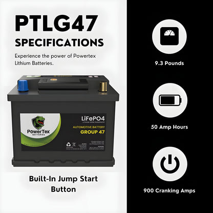 PowerTex2022 Subaru Legacy H4 2.5LReplacement Car Battery BCI Group 47 Lithium LiFePO4 Automotive Powertex Battery - PTLG47-047