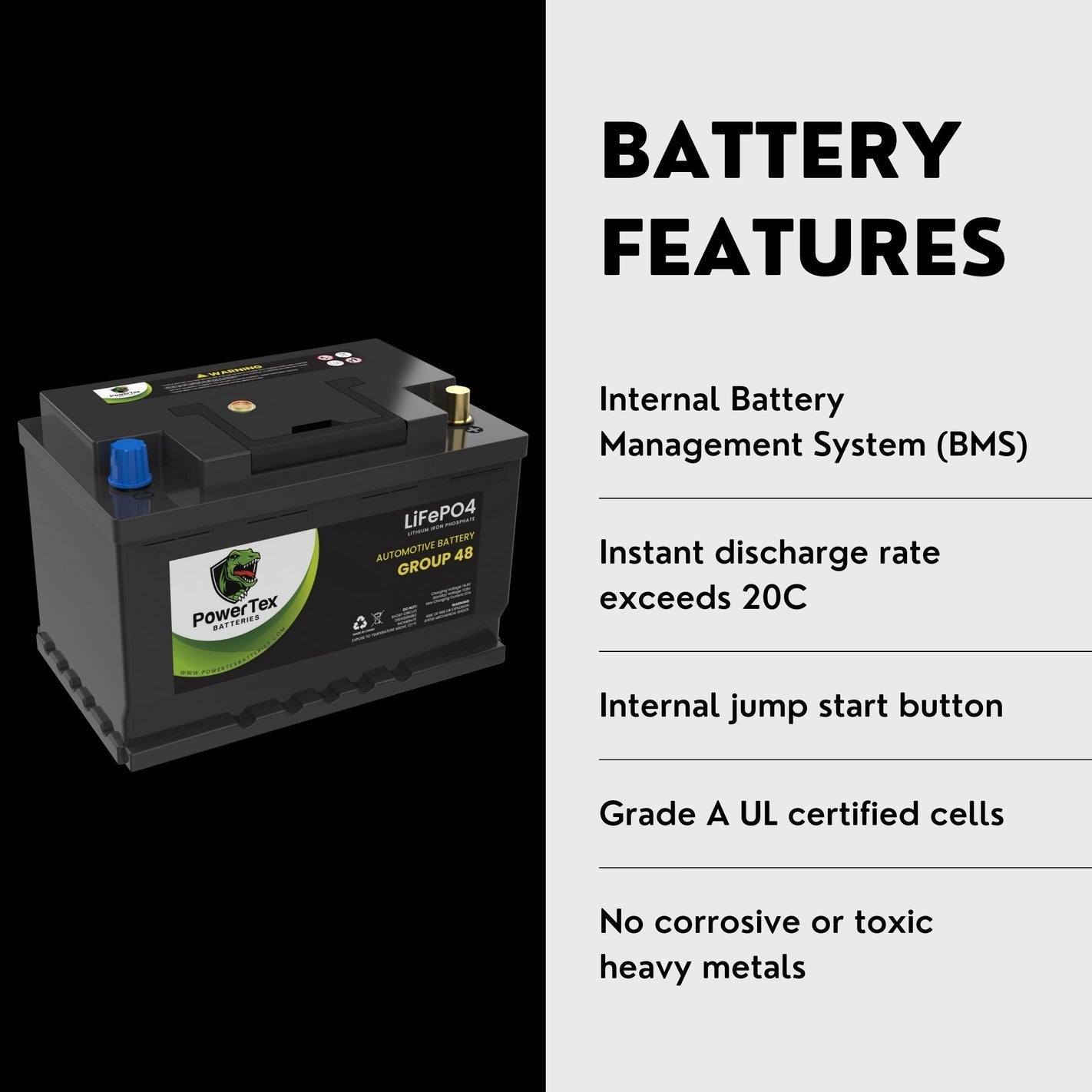 PowerTex 2022 Mercedes-Benz Sprinter 2500 L4 2.1L Replacement Car Battery BCI Group 48 Lithium LiFePO4 Automotive Powertex Battery - PTLG48-0433