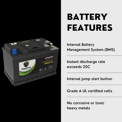 PowerTex 2022 Mercedes-Benz Sprinter 2500 L4 2.1L Replacement Car Battery BCI Group 48 Lithium LiFePO4 Automotive Powertex Battery - PTLG48-0433