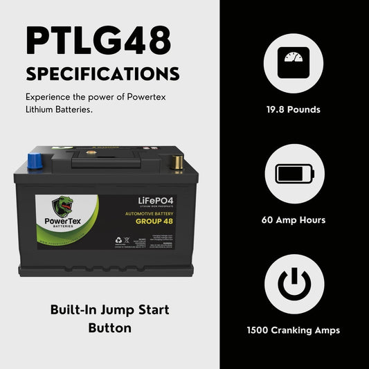 PowerTex 2022 Mercedes-Benz Sprinter 2500 L4 2.1L Replacement Car Battery BCI Group 48 Lithium LiFePO4 Automotive Powertex Battery - PTLG48-0433
