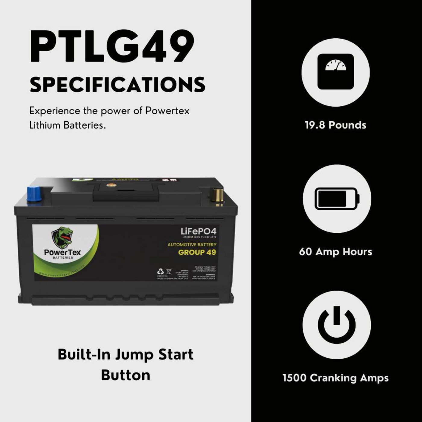 PowerTex 2013 Jaguar XFR Car Battery BCI Group 49 / H8 Replacement Lithium LiFePO4 Automotive Battery