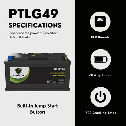 PowerTex 2013 Jaguar XFR Car Battery BCI Group 49 / H8 Replacement Lithium LiFePO4 Automotive Battery