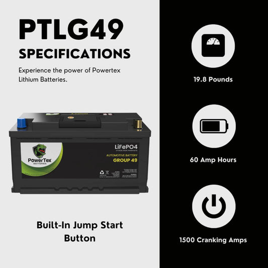 PowerTex 2013 Jaguar XFR Car Battery BCI Group 49 / H8 Replacement Lithium LiFePO4 Automotive Battery