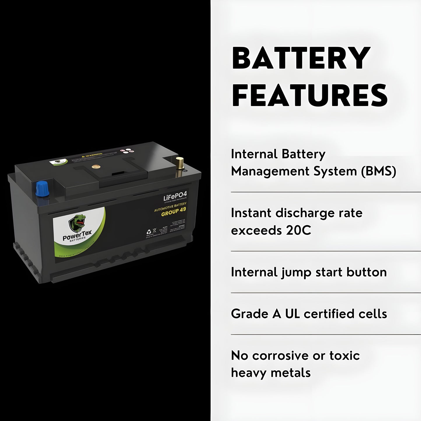 PowerTex2022 Ram 1500 V6 3.0LReplacement Car Battery BCI Group 49 Lithium LiFePO4 Automotive Powertex Battery - PTLG49-010