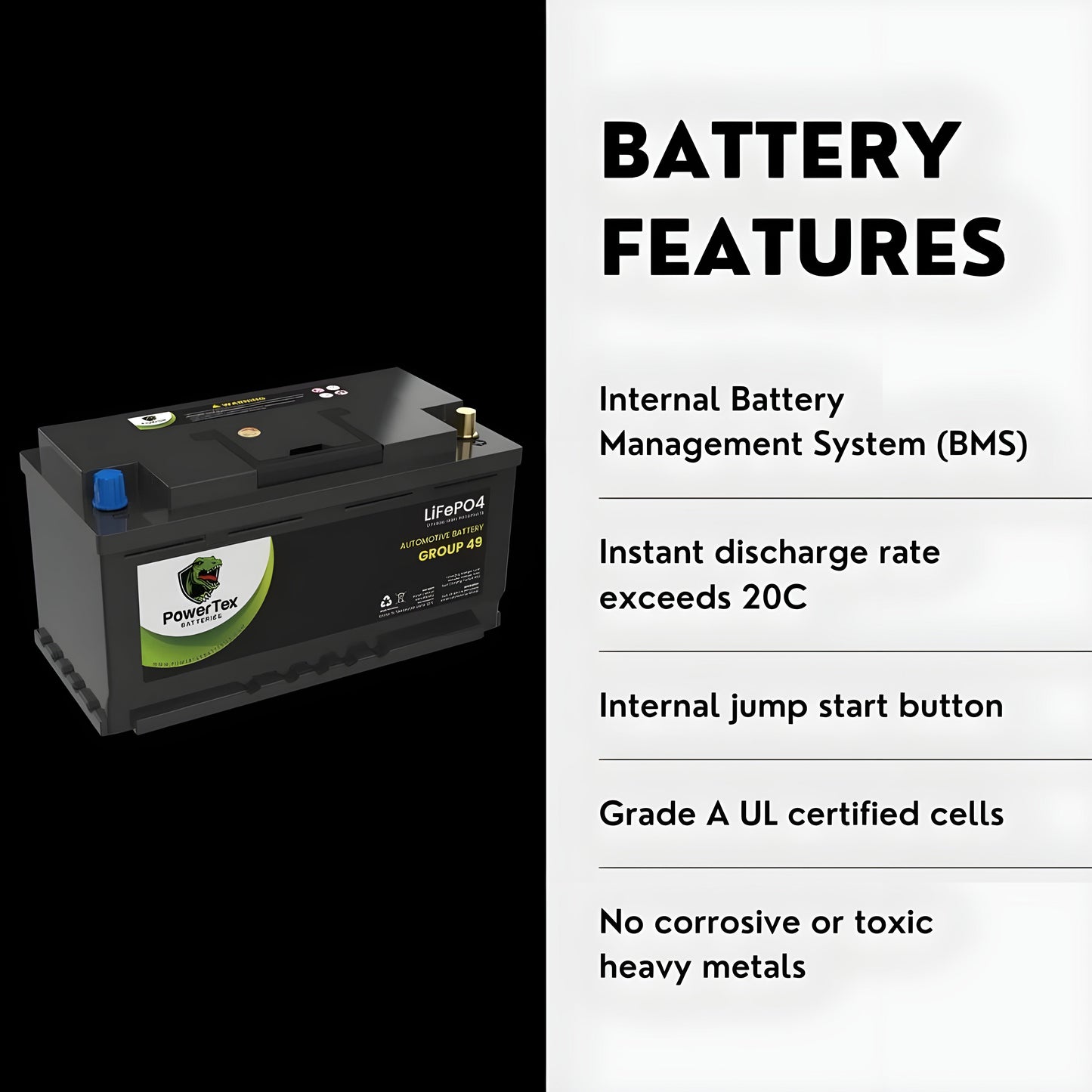 PowerTex 2022 Mercedes-Benz C300 L4 2.0LReplacement Car Battery BCI Group 49 Lithium LiFePO4 Automotive Powertex Battery
