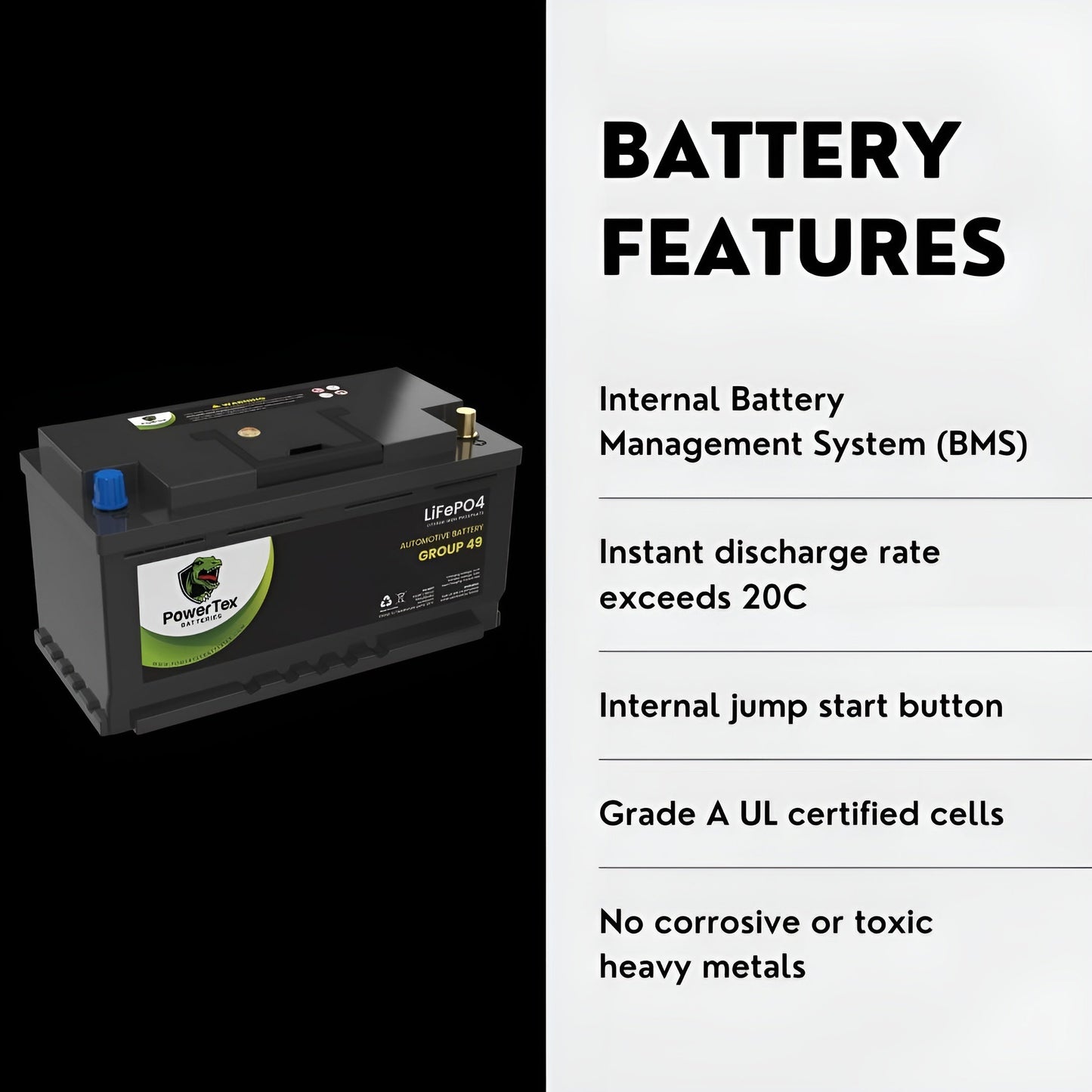 PowerTex 2010 BMW X5 Car Battery BCI Group 49 / H8 Replacement Lithium LiFePO4 Automotive Battery