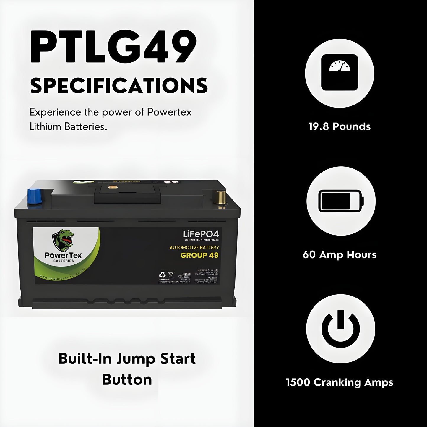 PowerTex 2022 Porsche Macan V6 2.9LReplacement Car Battery BCI Group 49 Lithium LiFePO4 Automotive Powertex Battery - PTLG49-025