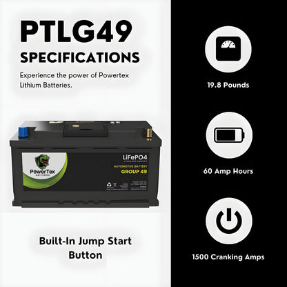 PowerTex2022 Ram 1500 V6 3.0LReplacement Car Battery BCI Group 49 Lithium LiFePO4 Automotive Powertex Battery - PTLG49-010