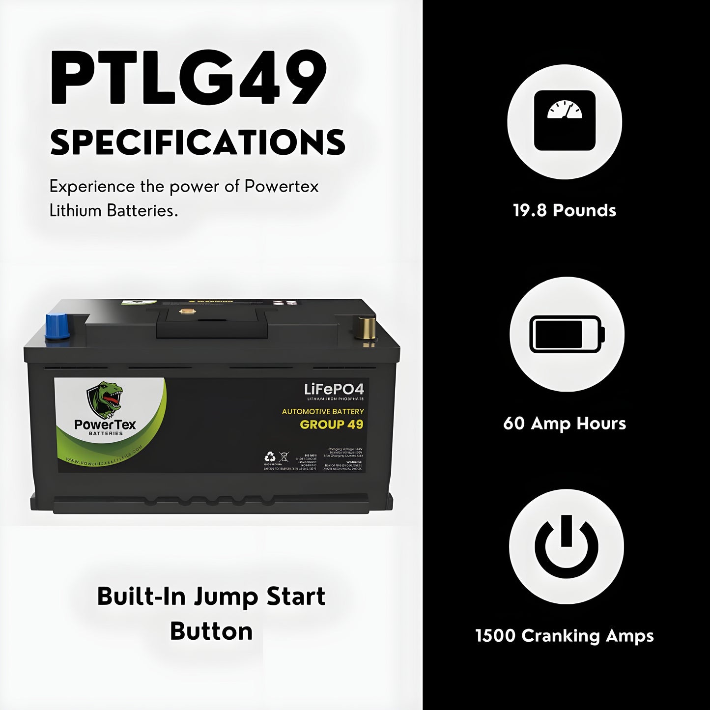 PowerTex 2022 Audi RS5 V6 2.9LReplacement Car Battery BCI Group 49 Lithium LiFePO4 Automotive Powertex Battery - PTLG49-0208